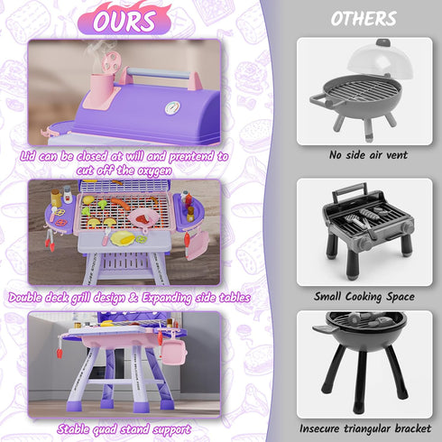Playset 3-5 New Upgraded Kids BBQ Grill with Smoke, Sound&Light, Toy Grill for Girls, Pretend Food Hamburger, Kitchen