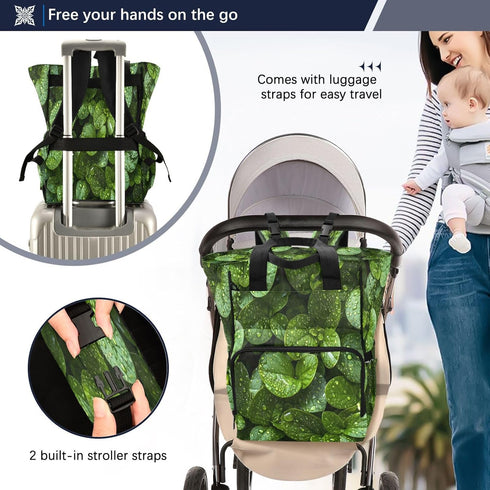 YANENDIE Backpack, Backpack Backpack Raindrops on Leaves Diaper Bag Unisex Travel Baby Diaper Bags with Stroller Straps