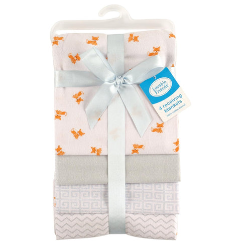 Luvable Friends Unisex Baby Cotton Flannel Receiving Blankets, Fox, 4-Pack, One Size