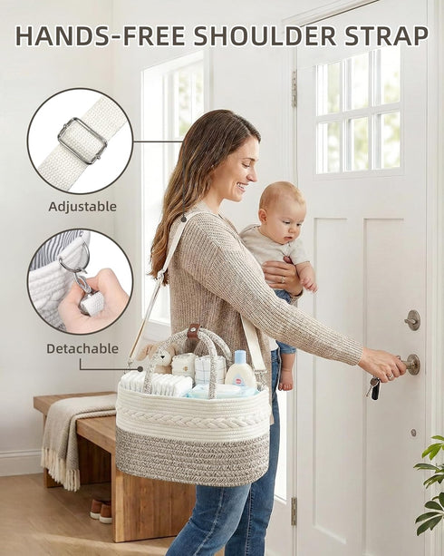 ZOES HOMDECO 14.5"x8.5"x7.5 Baby Diaper Caddy Organizer With Handle, Cotton Rope Baby Shower Basket, Large Diaper Caddy