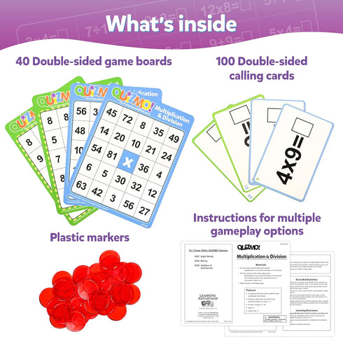 QUIZMO Bingo Style Math Game - Multiplication & Division - 2 Game Modes for Ages 8+ - Teach Basic Mathematics