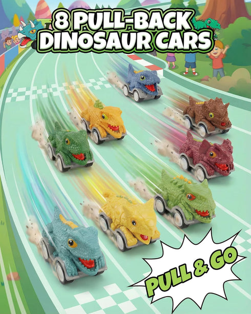 Cozycharm 8PCS Set Dinosaur Pull Back Cars for Kids Toddlers, Mini Racing Vehicles Toys Party Favors, Goodie Bag