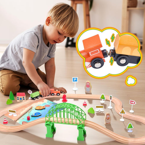Set 61-Piece 3-8, Playset Wooden Train for Toddlers Kids Ages Double-Sided Expandable Train Track with Puzzles