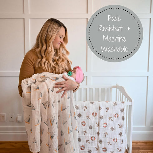 Swaddle Blanket 100% Muslin Cotton, Gender Neutral Newborn Nursery Essentials for Boys and Girls, Sailboat Print