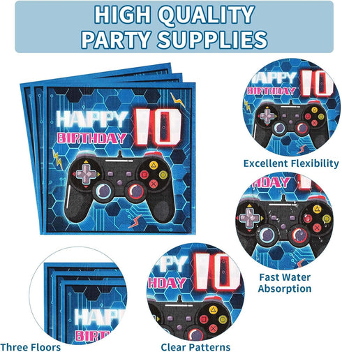 96 Pcs 10th Birthday Video Game Party Supplies - 350 GSM Disposable Paper Plates and Napkins Tableware Set for Kids Boys