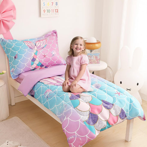 Set 4-Piece Sets Set, VIVILINEN Toddler Bedding for Girls Mermaid Tail Toddler Comforter for Baby Purple Blue Toddler