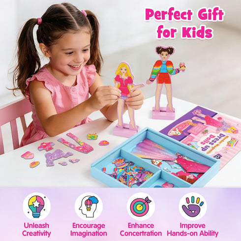 3 4 5 6 7 8 Mocoosy Wooden Magnetic Dress Up Dolls for Girls Pretend Play, Magnet Dolls with Storage Case, Travel Game