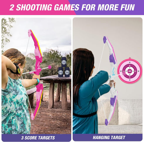 2 Pack Bow and Arrow for Kids, LED Light Up Archery Set with 24 Suction Cup Arrows and 2 Quivers for Indoor Outdoor