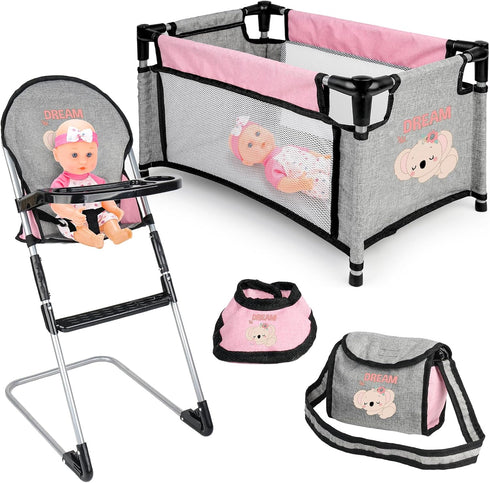 Playset Set Set deAO Baby Doll Accessories Baby Doll Crib High Chair Diaper Bag Nursery Baby Doll Furniture Pretend