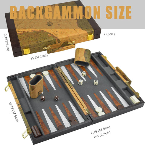 Backgammon, Backgammon Sets 15" Backgammon Sets for Adults, Leather Travel - Classic Board Game (World Map Design)