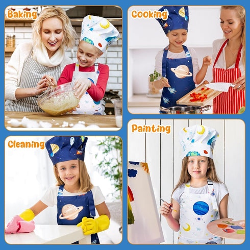 GROBRO7 4Pcs Set 2 Kids Apron and Chef Hat Gift for Girls Boy, Space Theme Pattern Adjustable Kitchen Toddler Aprons