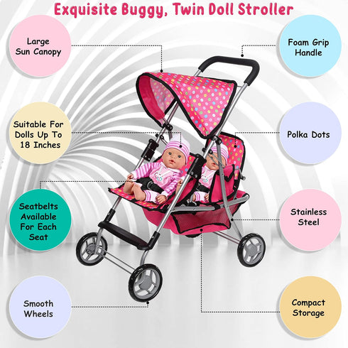 Twin Baby Doll Stroller - Toy Stroller with Storage Basket for Baby Doll Accessories, Polka Dot Design, Folds Easily