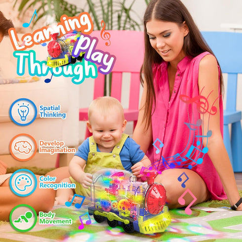 Kizeefun Light Up Train Toy for Toddlers: Transparent Gear Car Toy for Kids with Cool Light and Music Educational Crawling Toys for Baby Christmas Birthday Gifts for Boys and Girls