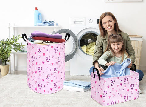 Rectangle Heart Pattern Kids Pink Storage Basket, Laundry Hamper with Handles, Baby Toys Storage Box for Boys and Girls