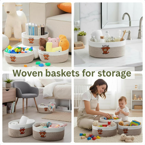 3 Closet 11.8''x7.8''x4.7'' Geelin Pcs Highland Cow Baskets for Gift Cute Farmhouse Brown Woven Rope Gift Baskets Shelf