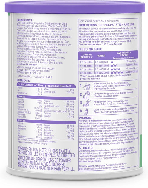 365 0-12 20 oz Bubs Day Grass Fed Infant Formula with Iron, Cow Milk-Based Powder for Infants Months, Made with Non-GMO