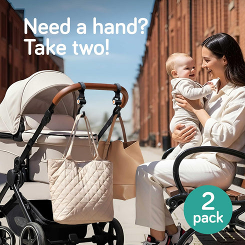 (2 Pack) 360-Swivel 11 lb Baby Uma Stroller Hooks - Open Stroller Hook with Neck & Extra Strong Strap, Easy On 'n Off