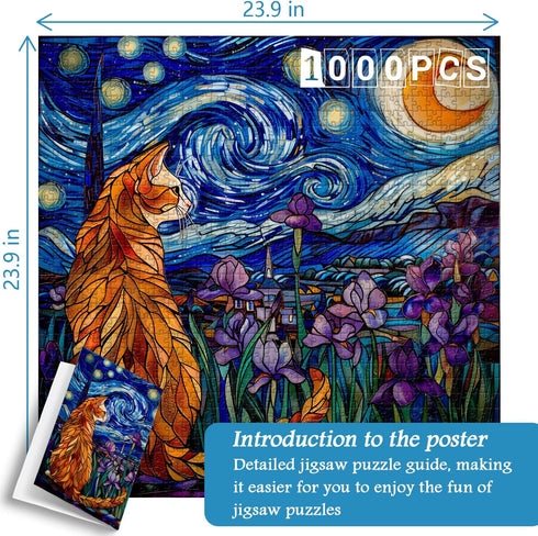 PICKFORU Cat Puzzles for Adults 1000 Pieces, Stained Glass Purple Iris Flowers and Moonlit Cat