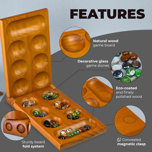 2-Player Set 56 Mancala Board Game with Magnetic Lock Classic Folding Game Wooden Mancala with Glass Pebbles Mancala