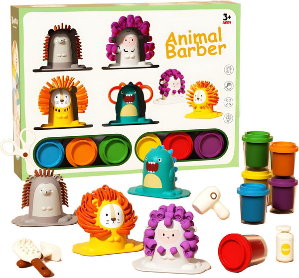 Play Color Dough Haircut Set for Kids, 16 Pcs Barber Shop Pretend Play Toys with 6 Cans Color Dough, Gift for Ages 3-6