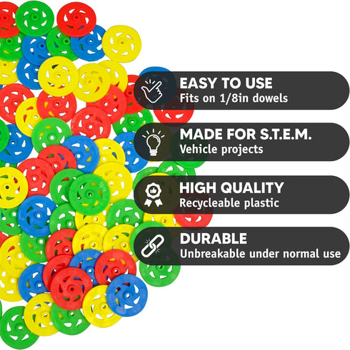 Toy Wheels - Bulk Pack of 100 Small Plastic Wheels for Toy Cars, STEM Projects, Crafts, Mini Vehicles