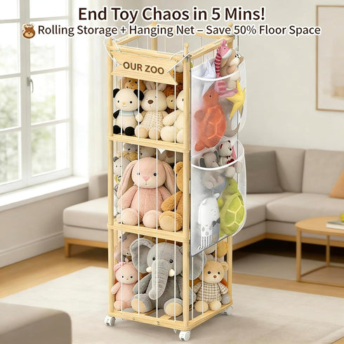 Stuffed Animal Storage,Wooden Zoo Toy Organizer with Wheels & Hanging Net, Cute Plush Toy Display Stand for Kids