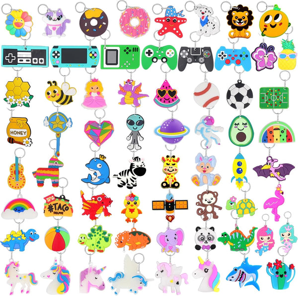 65 PCS Cute Keychain for Kids Party Favors, Video Game, Animal, Mermaid, Dinosaur, Birthday Party Supplies
