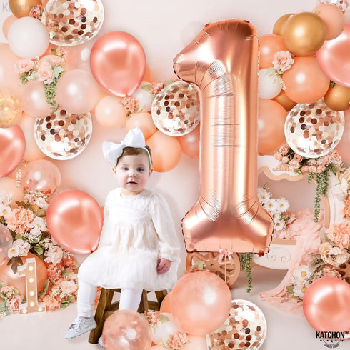 KatchOn Giant Rose Gold 1 Balloon Set - 40 Inch, First Birthday Decorations for Girl, Number One Balloon, Rose Gold