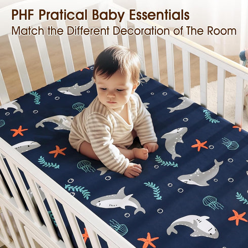 3 Pack 28x52 Inches PHF Soft Shark Crib Sheets Fitted, Comfy Breathable Baby Sheets for Boys, Fits Standard Crib