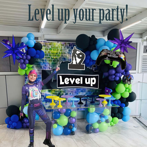 Video Game Balloon Garland Arch Kit - 140pcs Purple Blue Green Black Balloons with DIY Star Controller Mylar Balloon