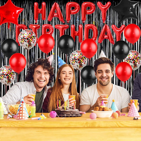 Red Black Birthday Party Decoration Kit - Happy Birthday Banner, Latex Balloons, Fringed Curtain, Confetti