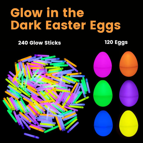 120 240 POPGIFTU Glow in the Dark Easter Eggs Bulk Prefilled Plastic Eggs with Mini Glow Sticks for Night Egg Hunt