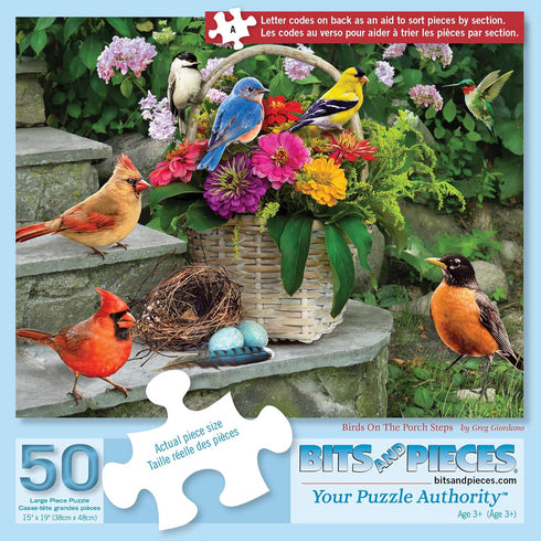 Bits and Pieces - 50 Piece Jigsaw Puzzle for Seniors - 15" x 19" - Birds on The Porch Steps - 50 pc Large Lettered Pieces Colorful Scenic Jigsaw