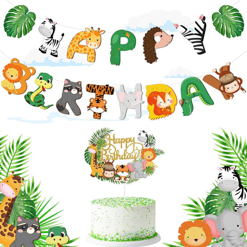 Clabby 2 Pieces Happy Birthday Banner Cupcake Topper Safari Animals Jungle Theme Party Supplies Baby Shower Decorations