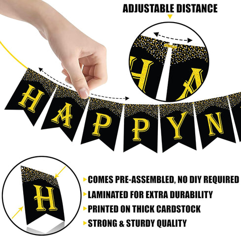 KatchOn Gold and Black Happy New Year Banner - Large 10 Feet Glitter Backdrop for New Years Eve Party Supplies