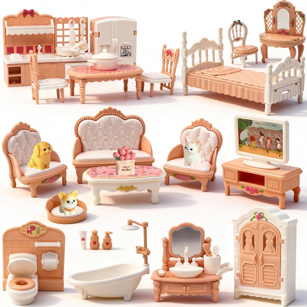 BRAITEN Dollhouse Furniture Set, 38 Pcs Miniature Doll House Accessories with Dogs and