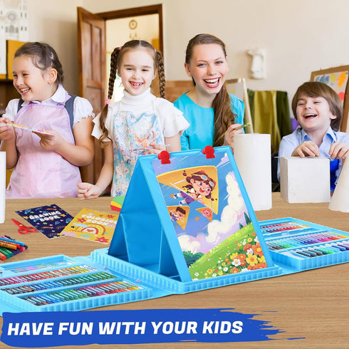 All in One Art Supplies Set with Trifold Easel, Drawing Kit, Coloring Book, Paper, Cutting, Origami Kit, Blue
