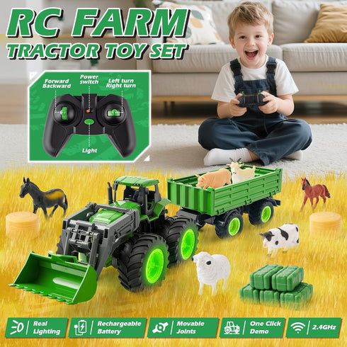 BAYSING Set Light/Loading/8 2.4 3 4 5 6 7 8 9 Remote Control Tractor Toy, Kids RC Tractor with Truck & Trailer