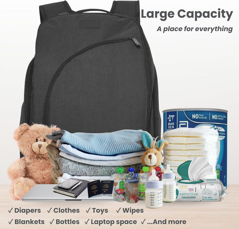 Backpack JOHAR Diaper - Spacious, Waterproof with Changing Pad, Insulated Pockets, Anti-Theft Pocket - Black