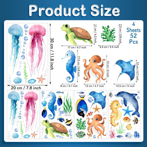 4Sheets 52Pcs Ocean Sea Animals Wall Decals Stickers, Under The Sea Wall Stickers Fish Turtle Jellyfish Ocean Creature