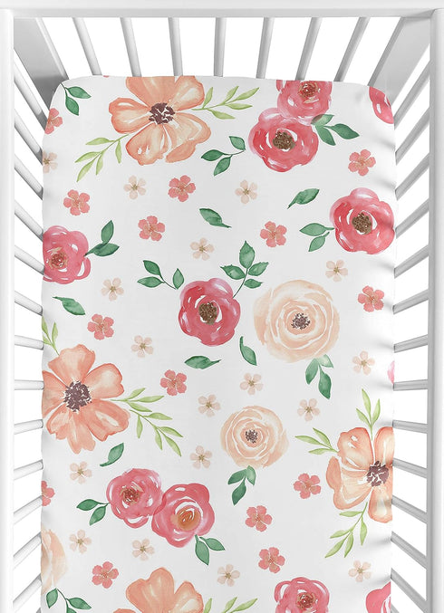 Sweet Jojo Designs Peach and Green Fitted Crib Sheet for Watercolor Floral Collection, Pink Rose Flower