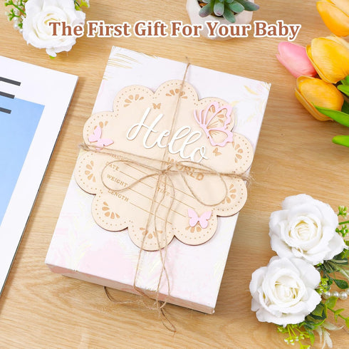Nogeqi 6 Inch Hello World Newborn Sign, Pink Butterfly Baby Name Announcement Sign, Birth Announcement Signs, Wooden