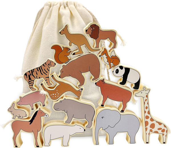 Xylolin Wooden Zoo Animal Blocks Stacking and Balancing Toy, Toddler Wood Animal