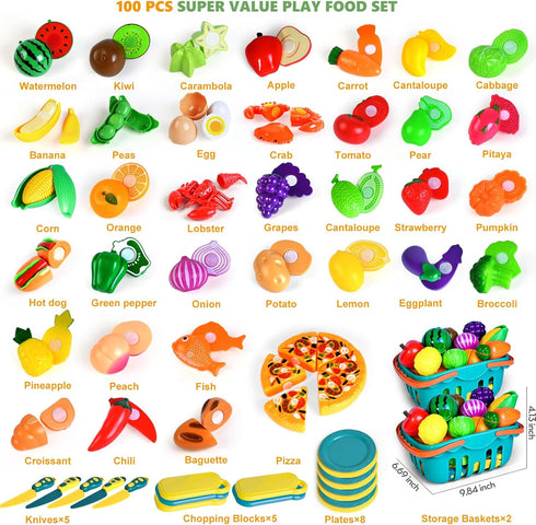 100 Set 1-3, 2 2 3 4 5 Pcs Play Food for Kids Kitchen, Pretend Food Toy for Toddlers Age Plastics Cutting Fake Food/