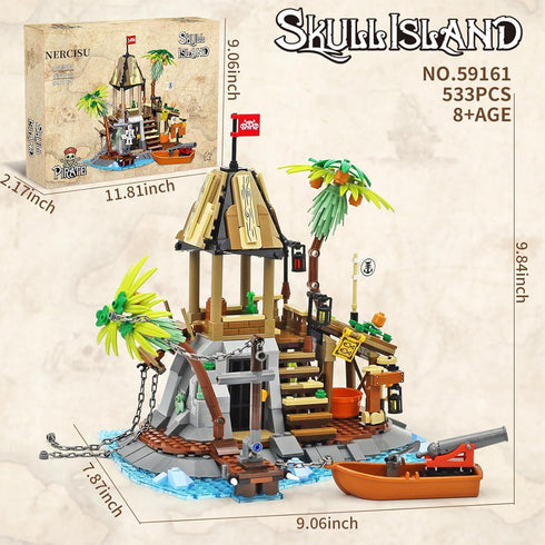 NERCISU Sets 8-12 (533 Pirate Skull Island Building Toys with Pirate Ship, Skeleton, Prison, Cannon, Sailing Adventure