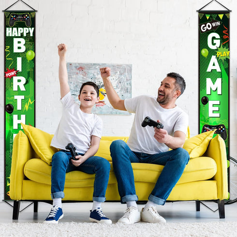 Blulu Game On Birthday Banner, Video Game Party Decorations, Happy Backdrop for Gamer Party Background