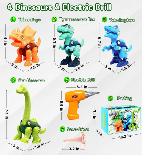 HAFUZIYN 4 Pack 3 4 5 6 7 8Year Dinosaur Toys for Kids, Take Apart Dinosaur Toys with Electric Drill for Old Boys