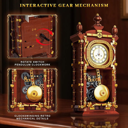Set, 14+ (751 Vintage Retro Swing Clock Building Pendulum Clocks Building Block Toys with Functional Mechanical Model