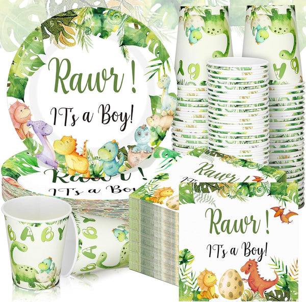 200 Pcs Dinosaur Baby Shower Party Supplies Set - Plates, Napkins, Cups for 50 Guests Girls Spring Decoration