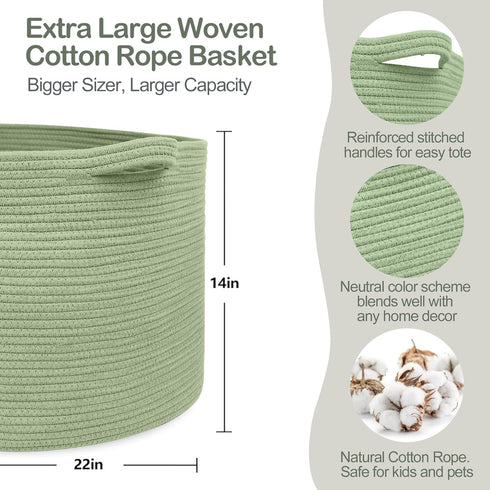 22" 22" 14" MEGASKET Extra Large Green Basket, X X Woven Cotton Rope Baskets for Blankets, Nursery Laundry Basket, Cute